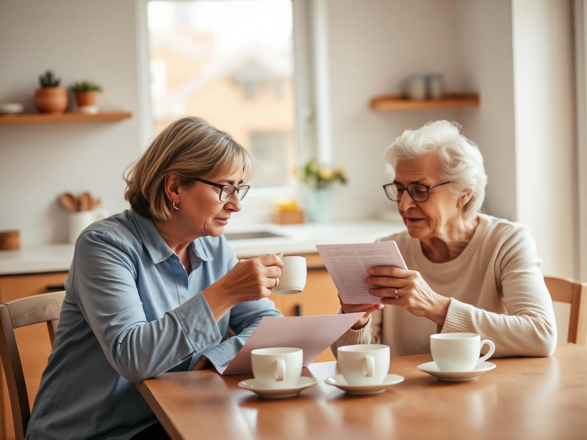 An adult daughter and her elderly mother reviewing notes together at a bright kitchen table