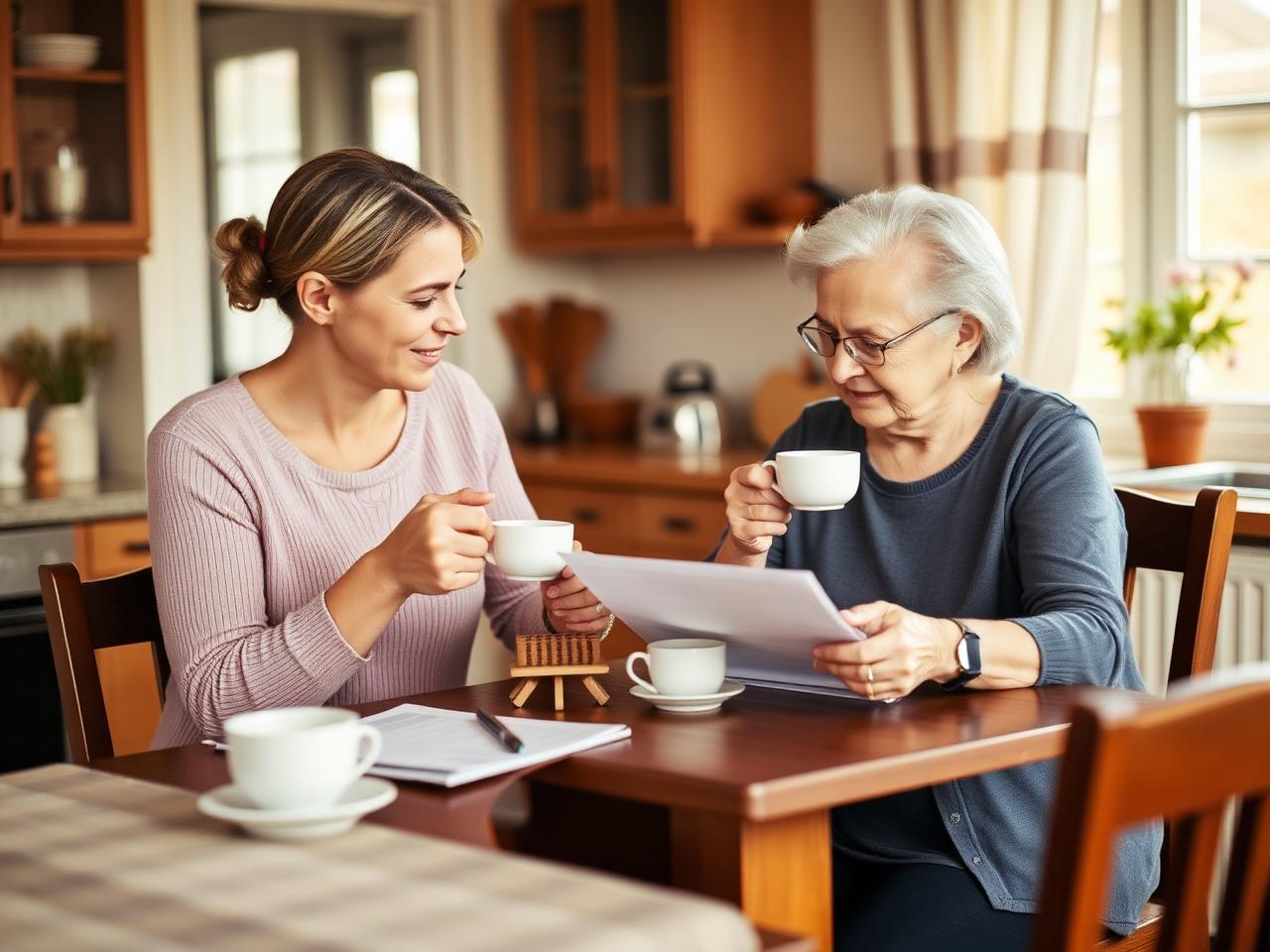 An adult daughter and her elderly mother reviewing paperwork together over tea at home