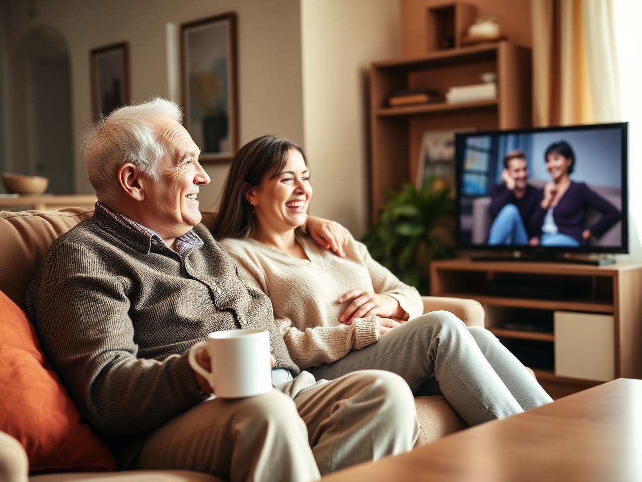 An elderly father and his adult daughter laughing together on the couch at home