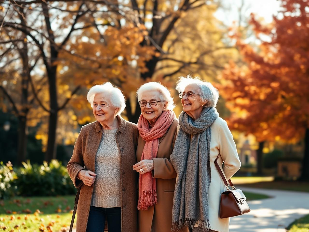 An elderly woman walking arm in arm with a friendly companion through an autumn park