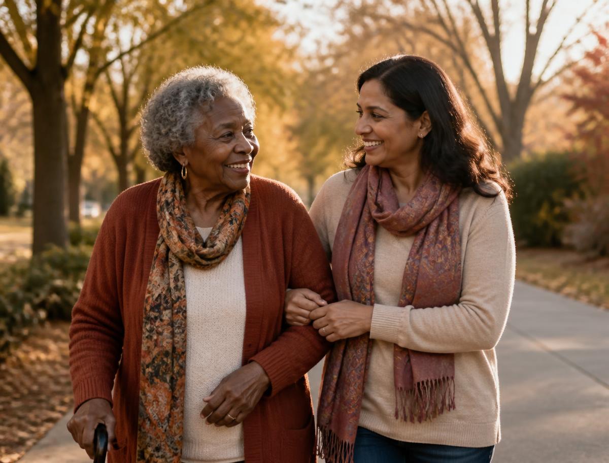 An elderly woman walking arm in arm with a friendly companion through an autumn park