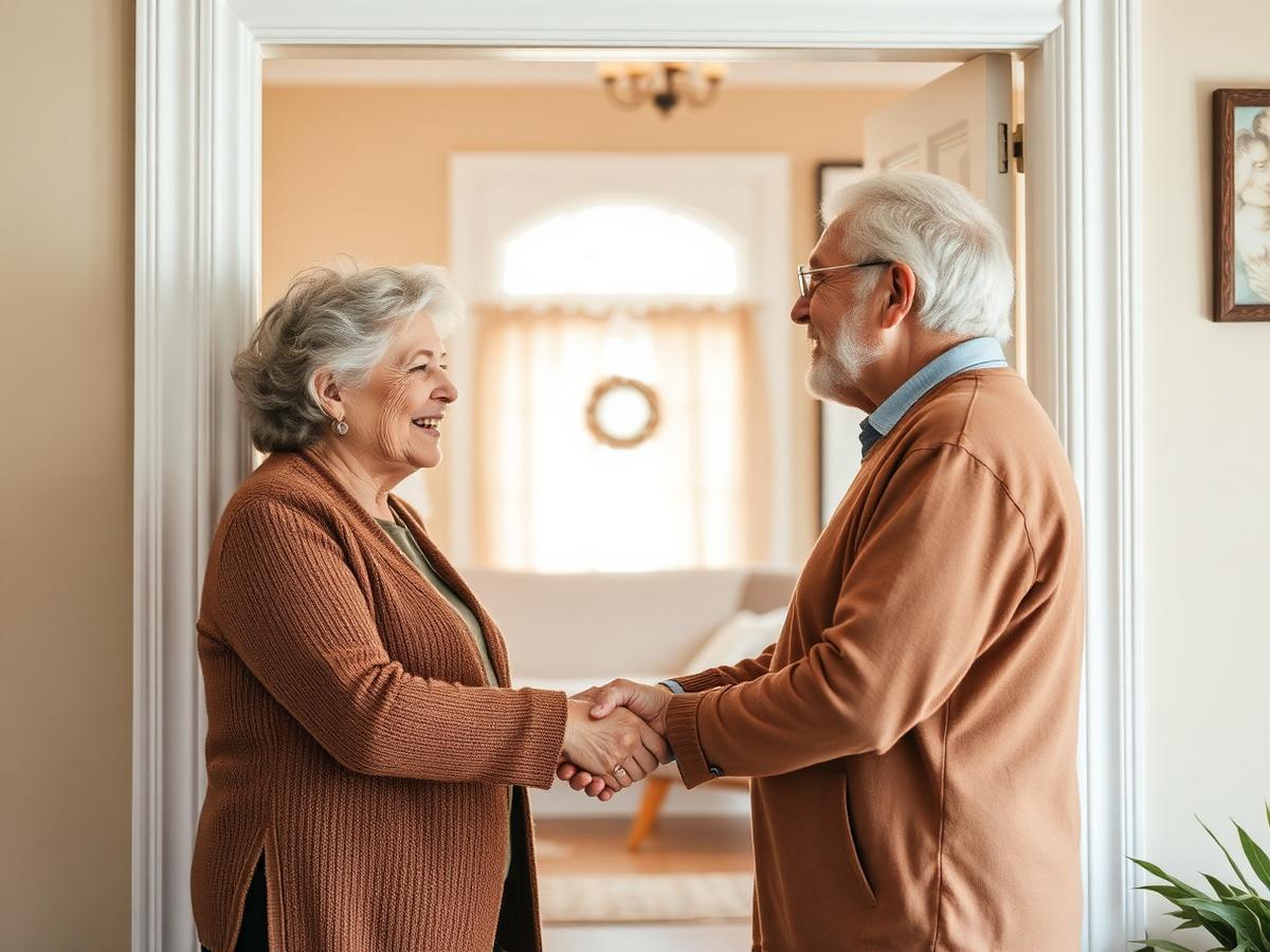 An older woman warmly greeting a senior companion at her front door