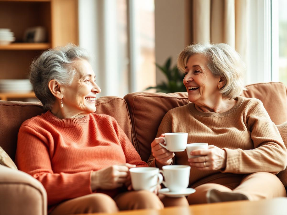 An older woman and a friendly companion having a warm first conversation over tea on a sofa