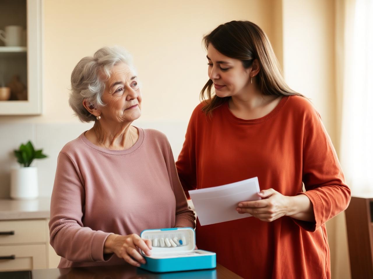 An adult daughter attentively checking in on her elderly mother at home
